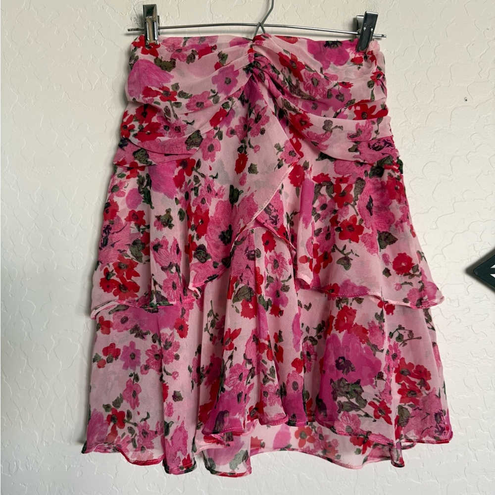 MISA Los Angeles Floral Ruffle Mini Skirt Draped Waist Pink NEW Made in USA - Picture 4 of 11